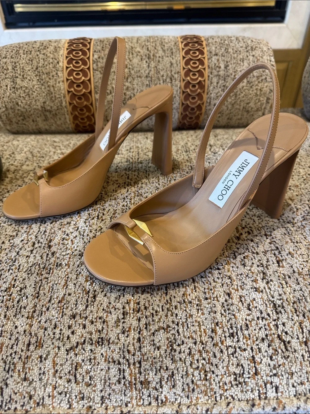 Jimmy Choo Tan Leather Open-Toe Slingback Heels with Gold Accent - Picture 6 of 6